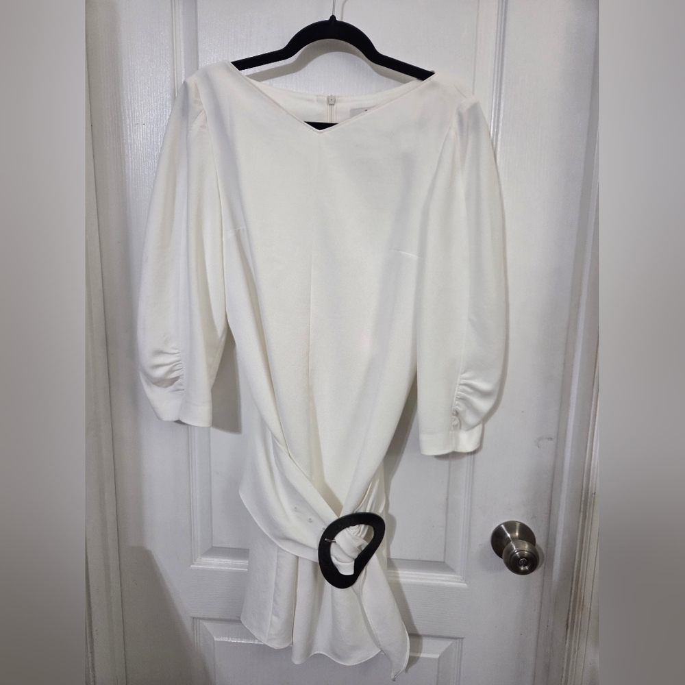Tibi White Long Sleeve Dress with Black Buckle